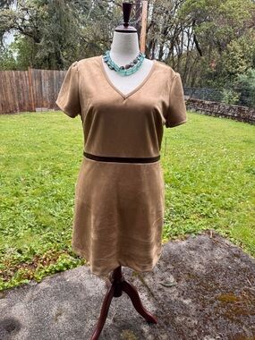 Tan V-Neck Short Sleeve faux suede Dress with Waist Band